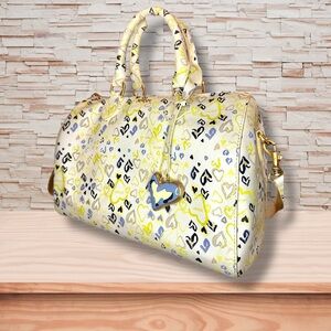 Stylish Heart-Print Satchel Handbag in Cream and Yellow